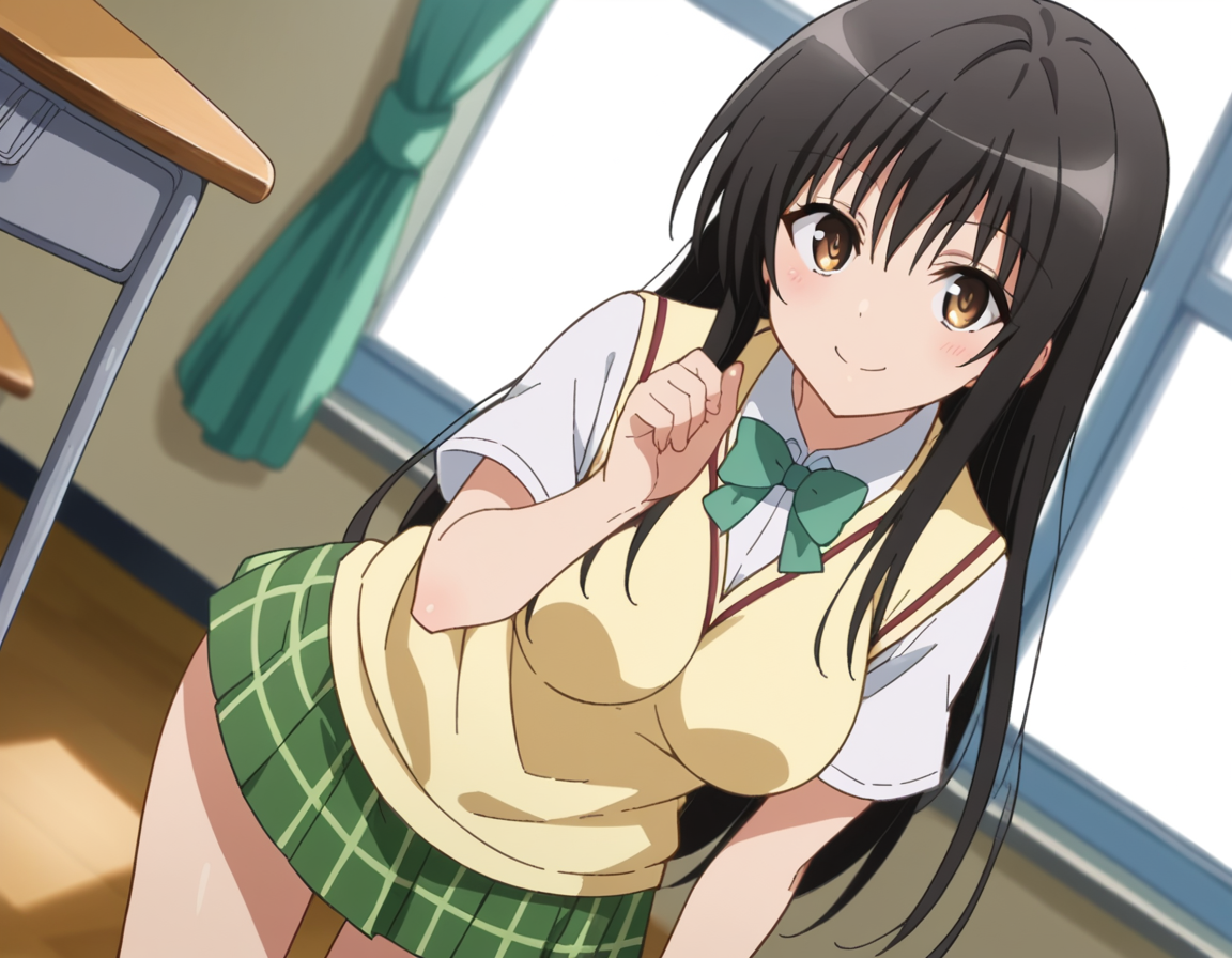score_9, score_8_up, score_7_up, source_anime,
yuikotegawa, <lora:yui-kotegawa-darkness-ponyxl-lora-nochekaiser:1>,
yui kotegawa, black hair, brown eyes, long hair,
green skirt, plaid, plaid skirt, sainan high school uniform, school uniform, skirt, sweater vest, yellow sweater, short sleeves,
indoors, classroom, smile, bent over,
looking at viewer, dutch angle, cowboy shot,