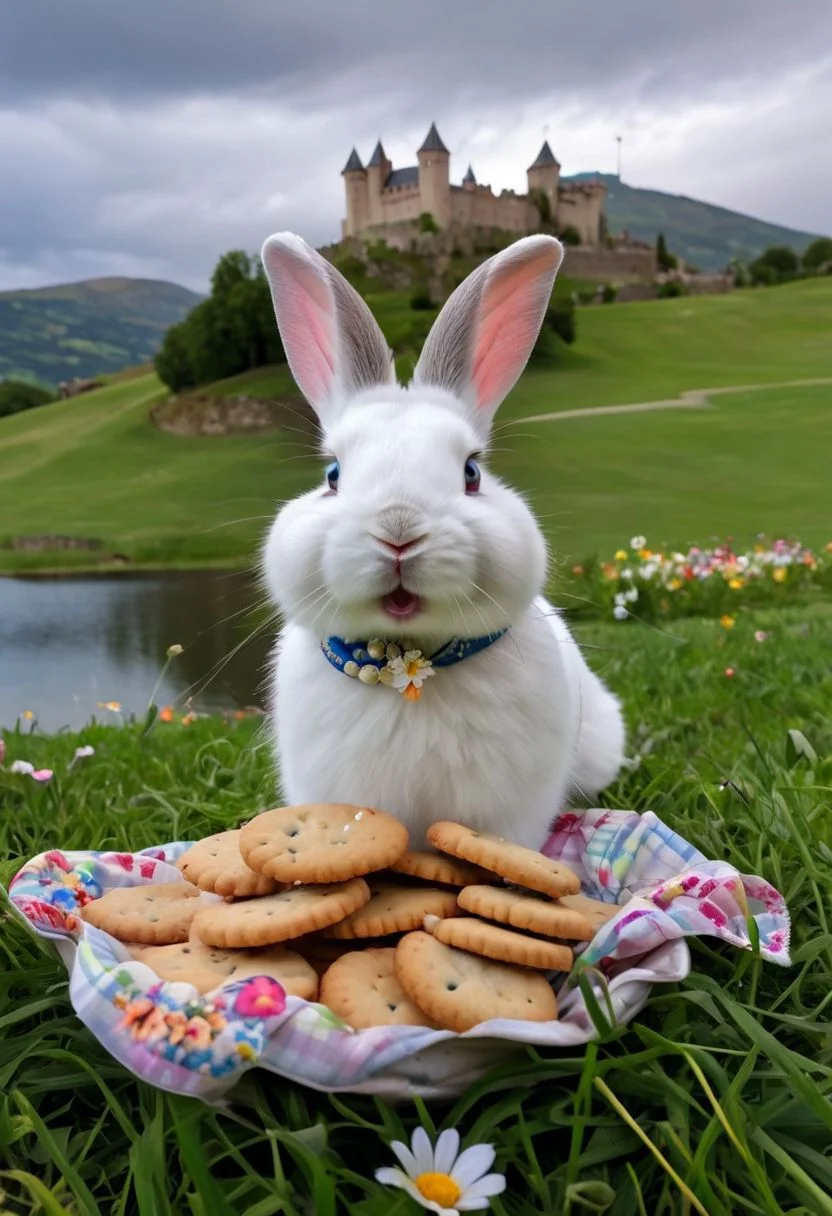 A white dwarf rabbit with blue eyes and small ears with a flower foulard and a pearl necklace, happy and smiling having a pic nic in the grass with a lot of bisquits, landscape with flowers, a lake a castle and mountains, cloudy sky (8k, RAW photo, best quality, masterpiece:1.2), (realistic, photo-realistic:1.37),best quality, ultra high res, (photorealistic:1.4)