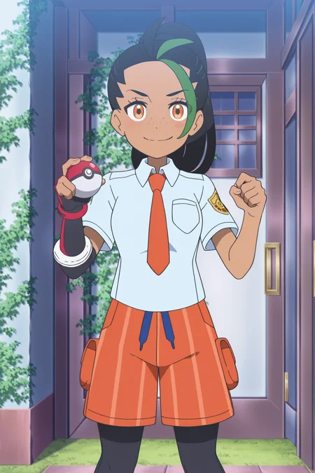 anime screencap, anime coloring, detailed face, masterpiece, best quality, very aesthetic, absurdres, volumetric lighting, official style, amazing quality, ultra detailed,  highres, amazing quality, scenery, beautiful detailed hair, beautiful detailed eyes, detailed fingers,
inside a house,
<lora:Nemona_Pokémon_Horizons_The_Series:1>
Nemona (character), nemona (pokemon), naranja academy school uniform, 1girl, freckles, school uniform, shirt, pantyhose, smile, orange necktie, necktie, shorts, single glove, orange shorts, closed mouth, excited face, blush, smile, black hair, multicolored hair, green hair, looking at the viewer,
 poke ball (basic), holding poke ball,