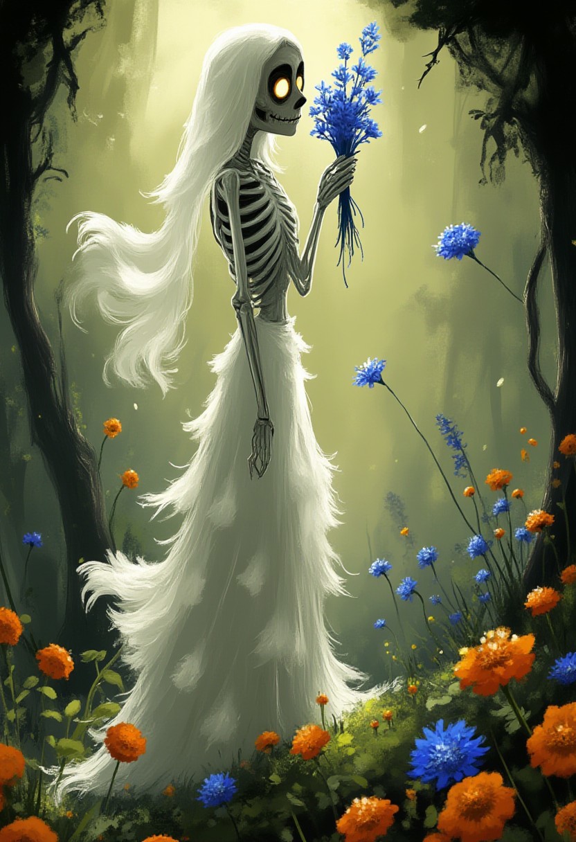 A whimsical illustration of a thin, elongated skeleton in a tattered wedding dress, in dark whimsical art style, tenderly holding a bouquet of blue cornflowers and orange marigolds, digital painting with delicate brushstrokes highlighting the flowing fabric and bone texture, enchanted grove background with morning dew drops sparkling like diamonds, characteristic Tim Burton inspired design with enormous dreamy amber eyes glowing from deep within shadowed sockets
