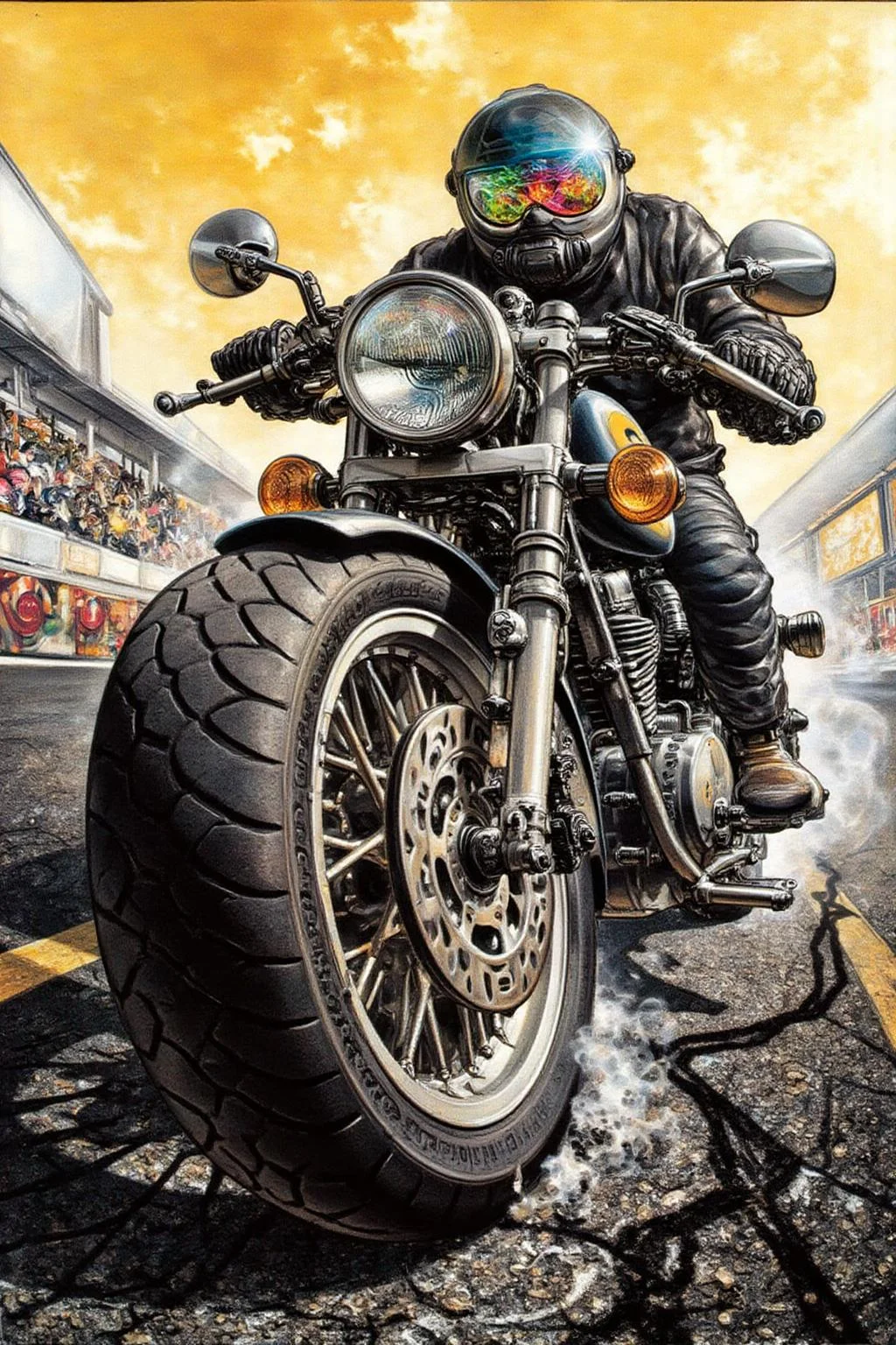 juangimenez1 illustration.
silmas.
Extreme low-angle close-up of a motorcycle's rear wheel mid-drift, molten rubber searing fractal-black scars into sun-baked asphalt, smoke coiling like liquid obsidian. The rider's mirrored visor dominates the foreground, reflecting a distorted fisheye lens perspective--camera glare fractures into neon starbursts. Asphalt gravel suspended mid-air, visor's reflection revealing a distant, blurred crowd roaring under a toxic-yellow sky.
<lora:juangimenez1_cap_d8a4e12:1.0><lora:857675937448253860:0>