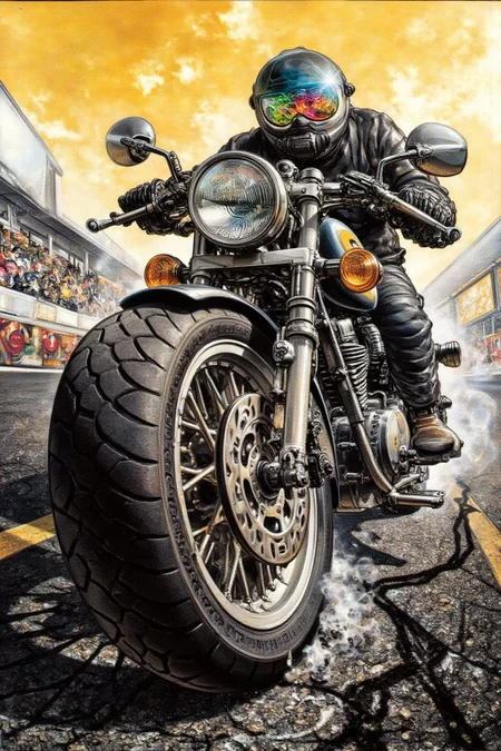 juangimenez1 illustration.
silmas.
Extreme low-angle close-up of a motorcycle's rear wheel mid-drift, molten rubber searing fractal-black scars into sun-baked asphalt, smoke coiling like liquid obsidian. The rider's mirrored visor dominates the foreground, reflecting a distorted fisheye lens perspective--camera glare fractures into neon starbursts. Asphalt gravel suspended mid-air, visor's reflection revealing a distant, blurred crowd roaring under a toxic-yellow sky.
<lora:juangimenez1_cap_d8a4e12:1.0><lora:857675937448253860:0>