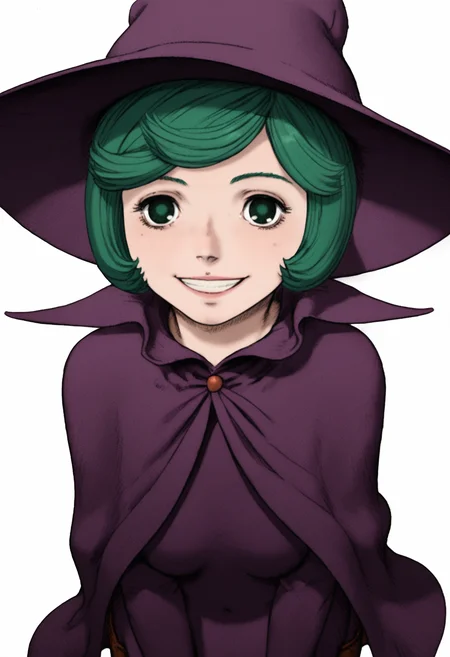 score_9, score_8_up, score_7_up, source_anime BREAK, 1girl, solo, white background, <lora:DX888Schierke:1>, schierke, bob cut, green hair, green eyes, witch, witch hat, cloak, cowboy shot, smile, v,from above,