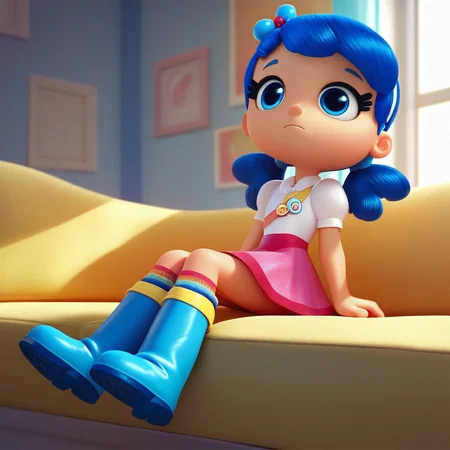 score_8, score_9, solo, true, blue hair, twintails, hair ornament, blue eyes, skirt, boots, indoors, sitting on a sofa
