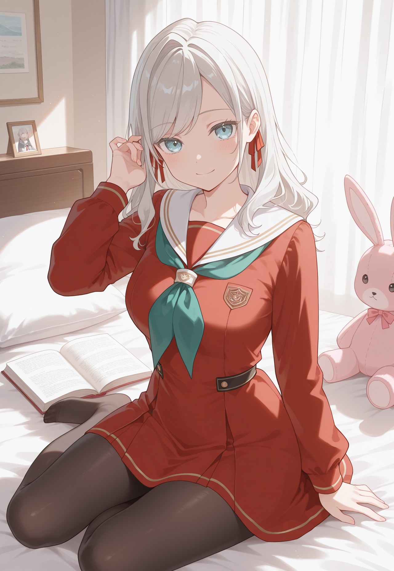 masterpiece,best quality,amazing quality,absurdres, looking at viewer, red dress, dress, pantyhose, book, black pantyhose, sitting, neckerchief, white sailor collar, long sleeves, looking at viewer, bangs, closed mouth, sailor collar, smile, green neckerchief, open book, stuffed toy, pillow, stuffed animal, no shoes, indoors, on bed, school uniform, stuffed bunny, bed, curtains, hair tucking, hand up, yokozuwari, ceras_yl, white hair, grey hair, light blue eyes, medium breasts