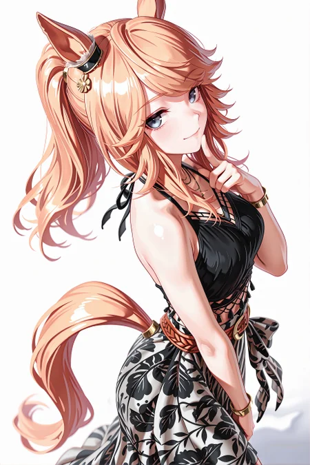 1girl, solo, gold city \(boho flare\) \(umamusume\), horse girl, horse tail, umamusume, blue eyes, bracelet, skirt bow,
jitome, smile,
standing, contrapposto, finger to chin,
white background,
cowboy shot, dutch angle, from side, from above, looking at viewer, <lora:bohoflareillv1:0.9>, masterpiece, best quality, amazing quality, very aesthetic, absurdres, highres, newest, <lora:xl_saturation_slider:0.1>, <lora:illustriousXLv01_stabilizer_v1.164:0.4>, <lora:reduce_wrinkles_illstriouosv0.1_ADDifT_2_in_1_v1.2:0.9>,