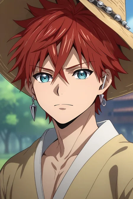 score_9, score_8_up, score_7_up, source_anime, rating_safe, intricate details, (3d:0.4), , depth of field, 1boy, solo, male focus, <lora:musashi_orient_pony:0.78>, musashi_orient, red hair, blue eyes, short hair, spiked hair, hair between eyes, earrings, jewelry, , scarecrow costume, <lora:sdxl_lightning_8step_lora:1>