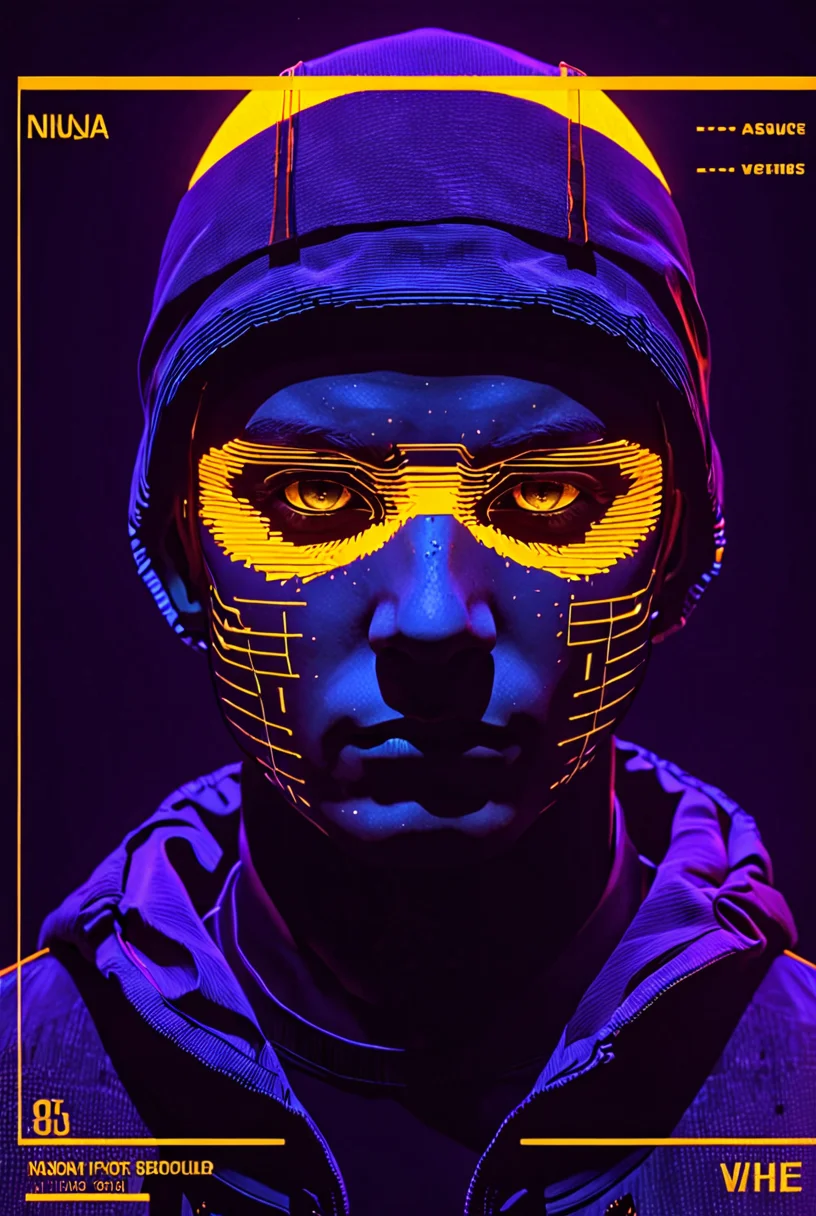 Ninja, hooded, aqua wireframe of 1boy, vhs grain, yellow lighting, orange reflections, CRT grain, white noise glitch, purple lineart, portrait, english text, UI display, HUD, cloaked
[high quality photo, 4k, hd, 7-AnalogueInterfaces, 7-vectors]
<lora:add-detail-xl:0.5> <lora:CRT Vectors v1.0:0.8>