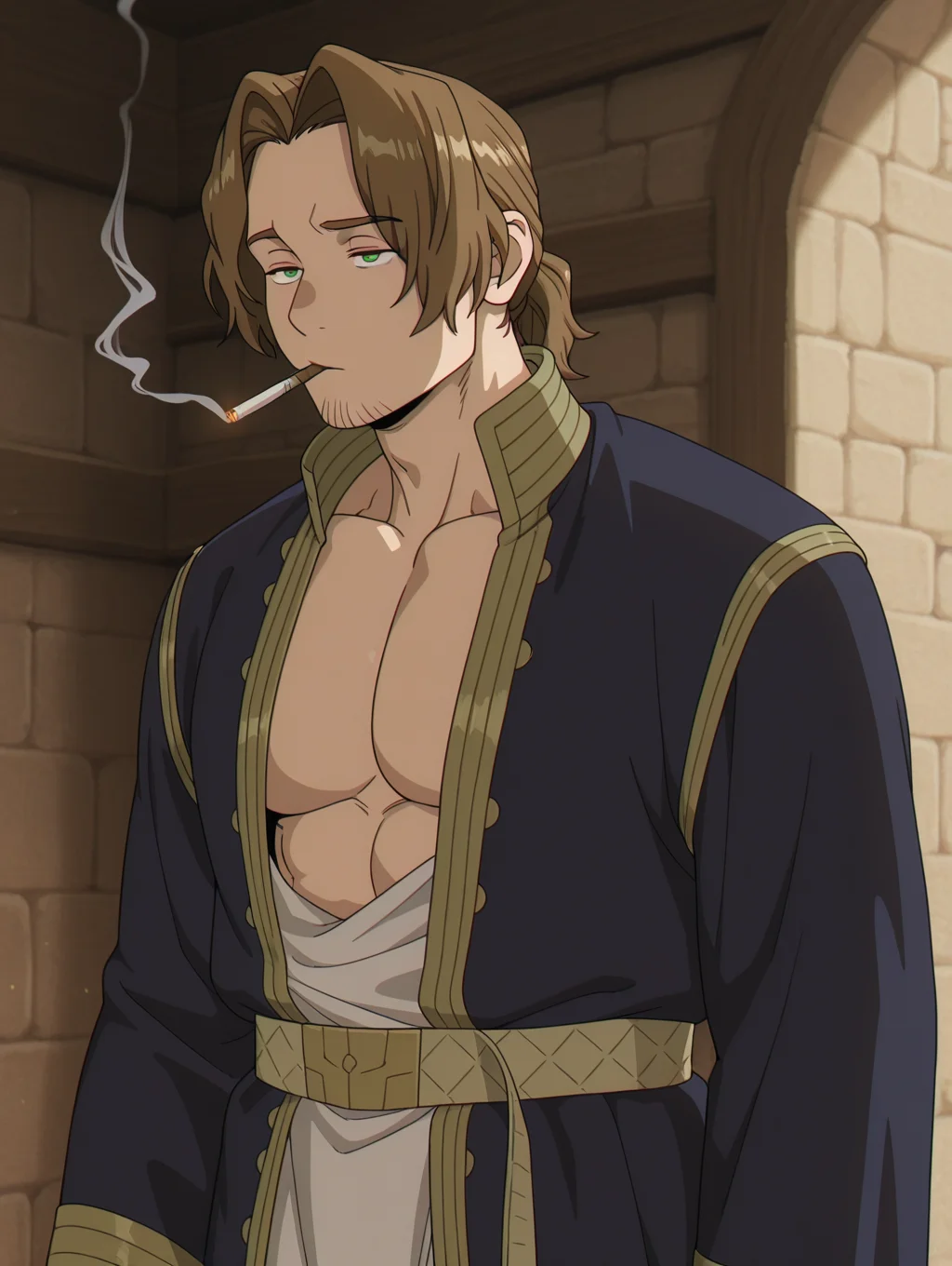 masterpiece, best quality, amazing quality, 1 boy, bara, solo, green eyes, Sein, upperbody, smoking, robe