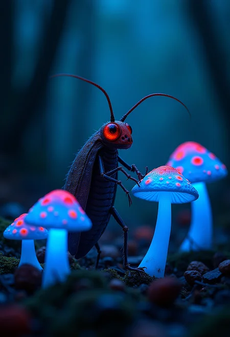 Imagine a whimsical scene enlivened by the enchanting presence of a mischievous cockroach bard, illuminated by the magical glow of blue bioluminescent mushrooms and vividly contrasted against the vibrant red spots of his enchanting surroundings. In this dark whimsical art world, the dim lighting adds an eerie mystique, accentuating the playful shadows cast by the mushrooms luminescence and creating a dreamlike atmosphere reminiscent of a fairy tale unfolding under an ethereal midnight sky. The color palette dances between deep blues that shimmer with otherworldly grace and fiery reds that spark intrigue and invite wonder. As you take in the scene before you, every detail comes alive with a sense of whimsy, enchanting the viewer into believing in worlds beyond their wildest dreams.
