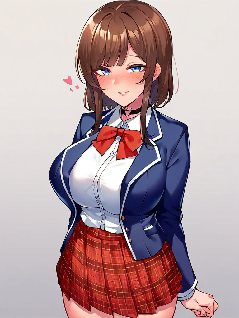 score_9, score_8_up, score_7_up,  
1girl, brown hair, medium hair, blunt bangs, blue eyes,  large breasts,

school uniform, white shirt, blue blazer, plaid skirt, red skirt, bowtie,
heart choker,
standing, solo, smile, narrowed eyes, looking at viewer, blush, naughty face,