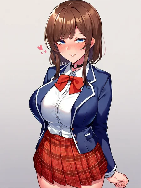 score_9, score_8_up, score_7_up,
1girl, brown hair, medium hair, blunt bangs, blue eyes, large breasts,
school uniform, white shirt, blue blazer, plaid skirt, red skirt, bowtie,
heart choker,
standing, solo, smile, narrowed eyes, looking at viewer, blush, naughty face,