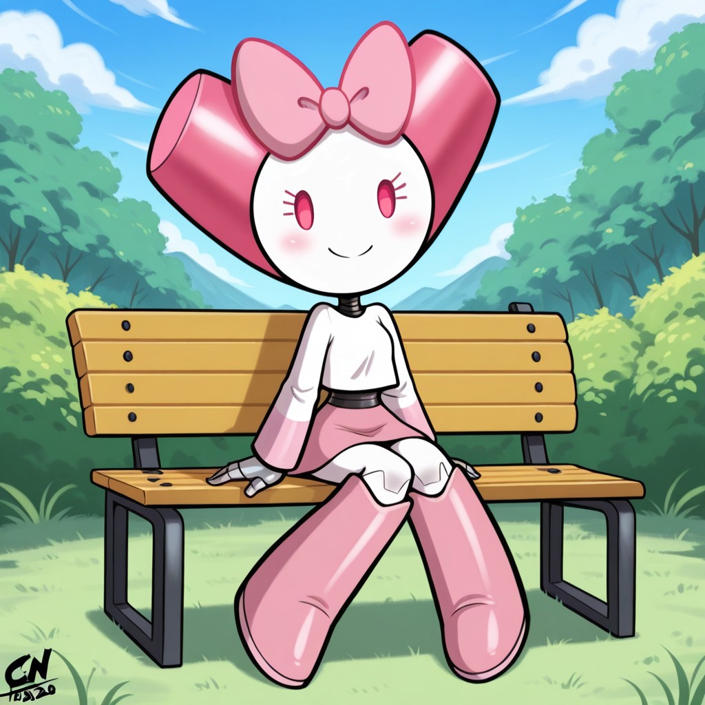 score_9, score_8_up, score_7_up, beautiful, high quality, highres, masterpiece, western cartoon, cartoon, best quality, black outline, thick outline, solo, 1girl, full body, Robotgirlbase, short, robot, robot girl, pink bow, pink skirt, pink eyes, sitting, sitting on bench, looking at viewer, smile, arms at sides, BREAK, detailed background, detailed environment, outdoors, park, green grass, blue sky,
