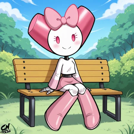 score_9, score_8_up, score_7_up, beautiful, high quality, highres, masterpiece, western cartoon, cartoon, best quality, black outline, thick outline, solo, 1girl, full body, Robotgirlbase, short, robot, robot girl, pink bow, pink skirt, pink eyes, sitting, sitting on bench, looking at viewer, smile, arms at sides, BREAK, detailed background, detailed environment, outdoors, park, green grass, blue sky,