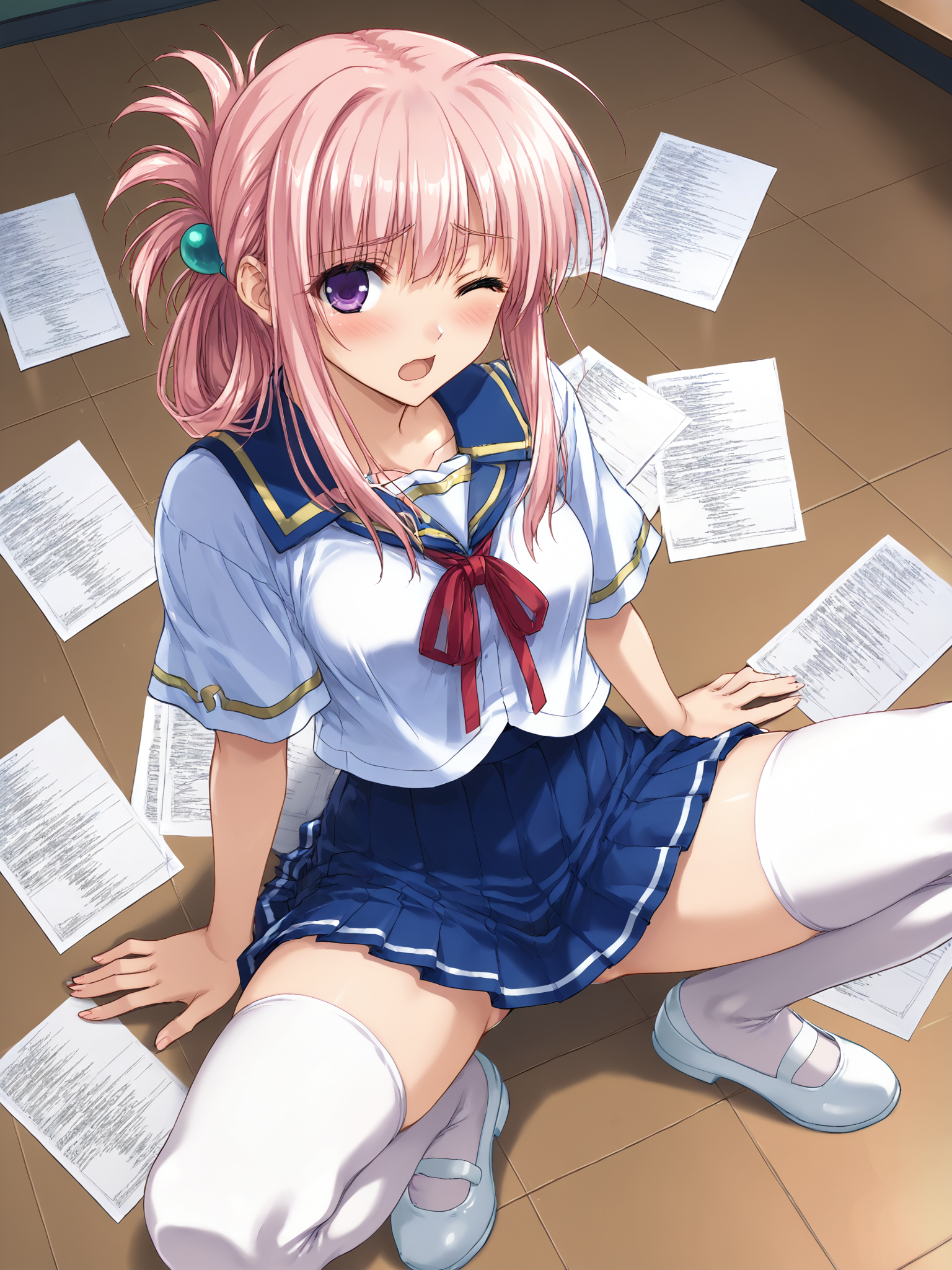 score_9, score_8_up, score_7_up, source_anime, BREAK
school classroom, sitting on ground, spread legs, papers scattered across floor, shy, embarrassed, blush, one eye closed, wince, looking at viewer, (wariza:1.1), BREAK
1girl, solo, <lora:NojimaHotori_Pony_v1:0.8>, nmnjhtr, folded ponytail, teal hair ornament, purple eyes, pink hair, school uniform, serafuku, pleated skirt, blue skirt, (white thighhighs:1.2), (uwabaki:1), shoe straps, zettai ryouiki, red ribbon, (open mouth:1.3),