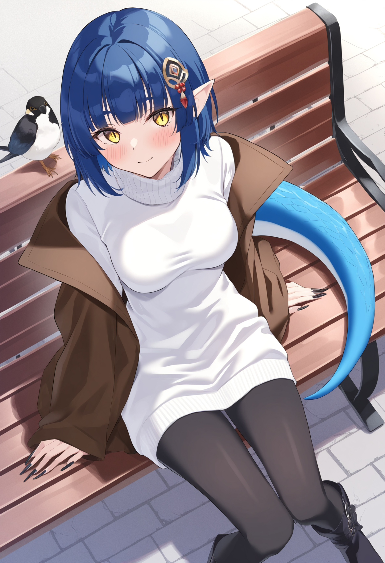 1girl, pointed ears, yellow eyes, slit pupils, blue hair, blind bangs, short hair, hime cut, lizard tail, blue tail, medium breasts, skinny, long nails,
pantyhose, brown coat, bird, white sweater dress, hair ornament, turtleneck sweater, boots, smile, blush, sitting on bench, street, from above, 
 <lora:satoumogumoguNai-style:1>, sg29satoumogustyle, masterpiece,best quality,amazing quality,