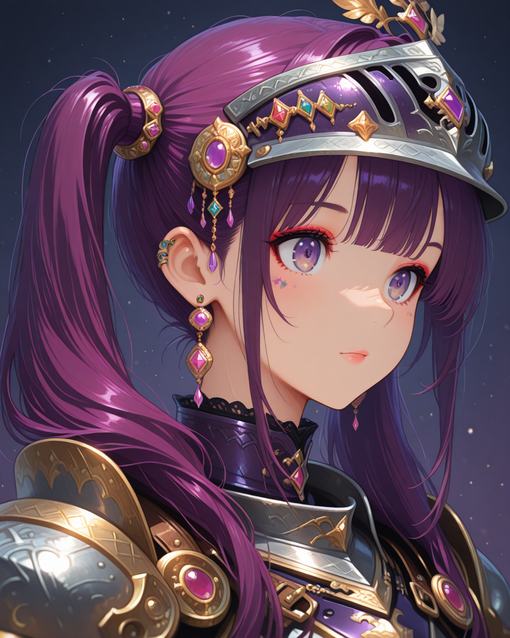 masterpiece,best quality,highres illustration,detailed face,1girl,<lora:overacc_IL:1.5>,accessories,purple hair,twintails,fantasy, armor, helmet,