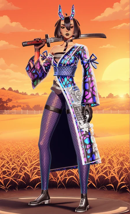 GLSHS,delicate colors,partially illuminated, (masterpiece, absurdres, very awa:1.4), golden hour, orange theme, sunset, field, grass, (full body:1.1), holding a katana sword over shoulder, (fortniteentropicnightrosedefault:1.9), 1girl, short hair, bob cut, bangs, blunt bangs, black hair, multicolored hair, hair over one eye, hair between eyes, black eyes, makeup, eyeshadow, black lips, closed mouth, bare shoulders, off shoulder, choker, black choker, horns, oni horns, animal ears, gloves, black gloves, see-through sleeves, kimono, japanese clothes, armor, fishnets, pantyhose, thighhighs, fishnet pantyhose, boots, high heels <lora:GLSHS-IL:0.8>, <lora:Fortnite_The_Night_Rose_All_Outfits_ILXL:1>