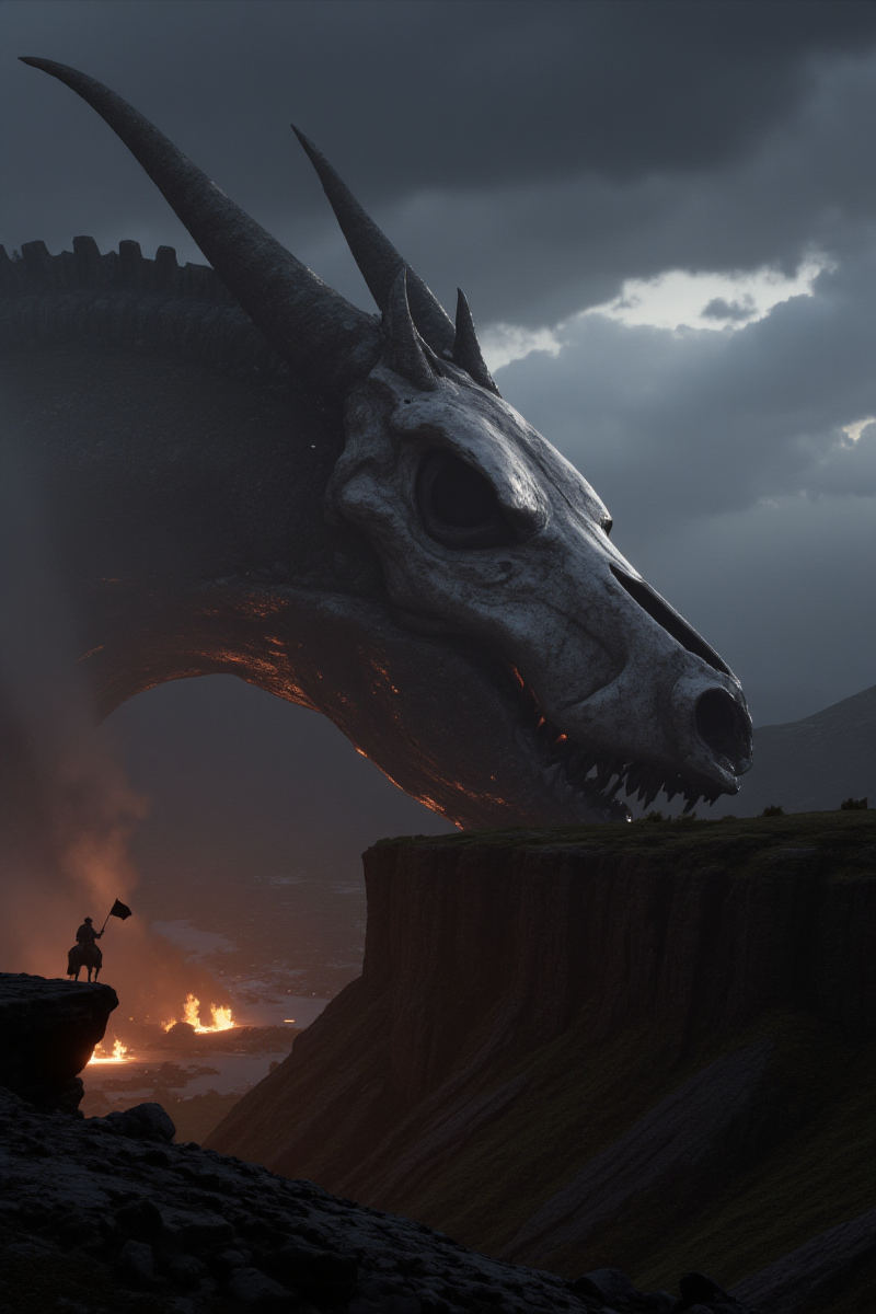 3DGame,The image portrays a dramatic,fantasy landscape dominated by a colossal,dragon-**** skull perched atop a rocky outcrop. The skull is weathered and partially overgrown with vegetation,suggesting it has been there for a long time. Its large,empty eye sockets and sharp teeth add to the eerie atmosphere.,
A lone figure on horseback,carrying a flag,stands on a nearby cliff,overlooking a battlefield below. The battlefield is engulfed in flames and smoke,indicating recent conflict. The sky is overcast with dark clouds,and beams of light penetrate the gloom,highlighting the smoke and the figure on horseback,creating a stark contrast.,
The overall mood is one of desolation and the aftermath of battle,with the figure possibly symbolizing a lone survivor or a beacon of hope amidst the chaos. The scene is rich in detail,with the rocky terrain and the distant mountains adding depth and scale to the image.,