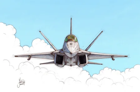 Sharp image of a rough sketch, rendered in vibrant multi colour ballpoint pen, capturing the adorable features of a fighter jet flying in the sky. The jet is grey in color and has a sleek, aerodynamic design. It has a pointed nose and a pointed tail fin. The cockpit is visible, with a large, circular window in the center. The nose of the jet is pointed upwards, and there are two engines on either side of the nose. The wings are swept back, and the tail fin is pointed downwards. The background is a clear blue sky with white clouds. The image appears to be taken from a low angle, looking up at the jet.  p3nsk, <lora:p3nsk:1>