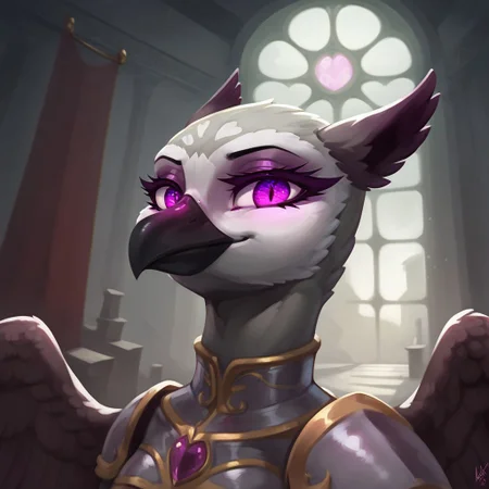 masterpiece, score_9, score_8_up, score_7_up, (best quality:1.1), ultra-detailed, high resolution, 1character, beak, wings, female, princess sköldsvärd, corrupted, jewelry, evil eyes, (((beautiful detailed purple eyes))), Long eyelashes, Looking At Viewer, Highly Visible, (((8k))), Source_anime, from Equestria at War glowing eyes, armor, griffon, solo, looking at viewer, feathery ears, day, perfect lighting, (in the dark throne room), detailed background, zPDXL2