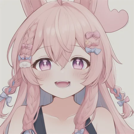 the photo of a 1girl, ahoge, animal_ears, bare_shoulders, blue_bow, bow, braid, collarbone, hair_bow, hair_ornament, hairclip, long_hair, open_mouth, pink_eyes, pink_hair, rabbit_ears, simple_background, smile, solo, twin_braids, upper_body, virtual_youtuber, white_background, pipkin pippa