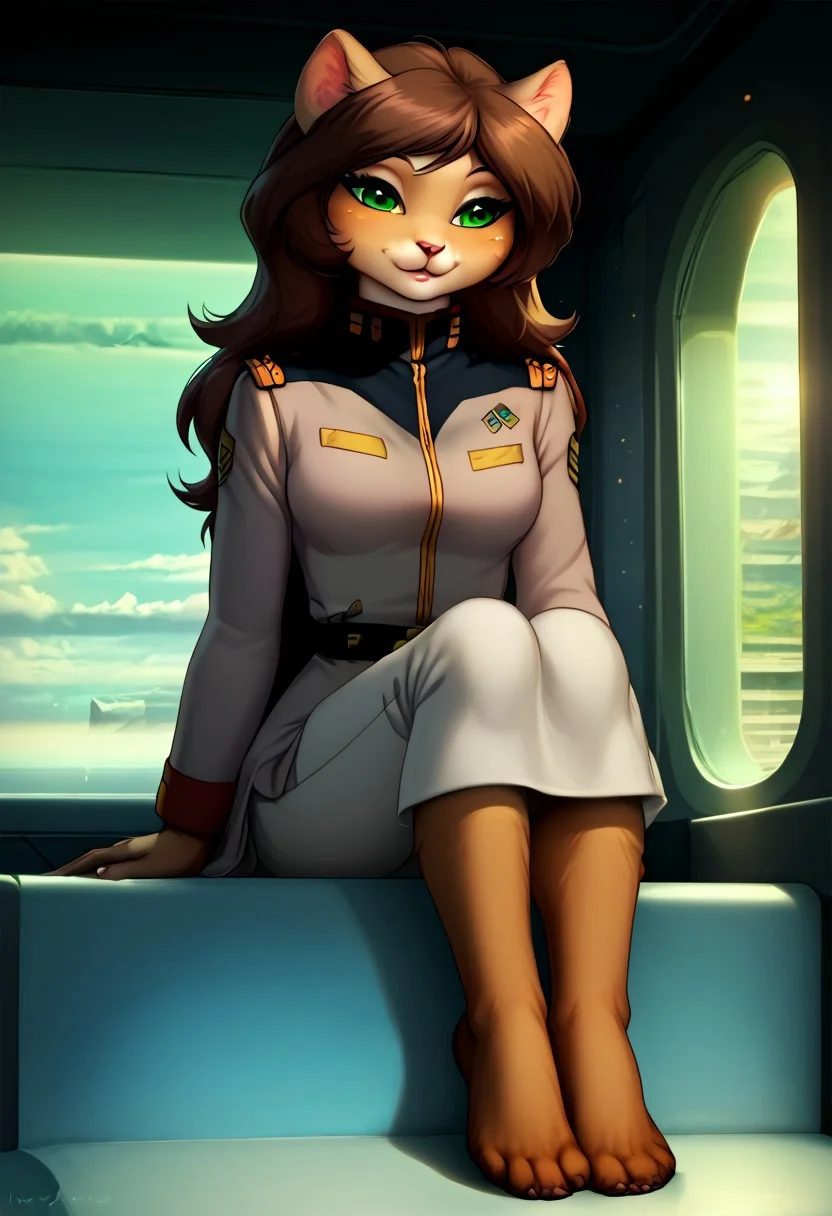 score_9, score_8_up, score_7_up, score_6_up, best quality, masterpiece, detailed, detailed eyes, beautiful, detailed background, perfect eyes, detailed body, inside of spaceship, spaceship bridge, BREAK
Erma Felna,furry female, animal ears, catgirl, green eyes, long hair, brown hair, brown fur, iskrastyle, tan body, full body, stand up, easynegative, Expressiveh, human-like feet, feet, foot, eff officer, hat, uniform