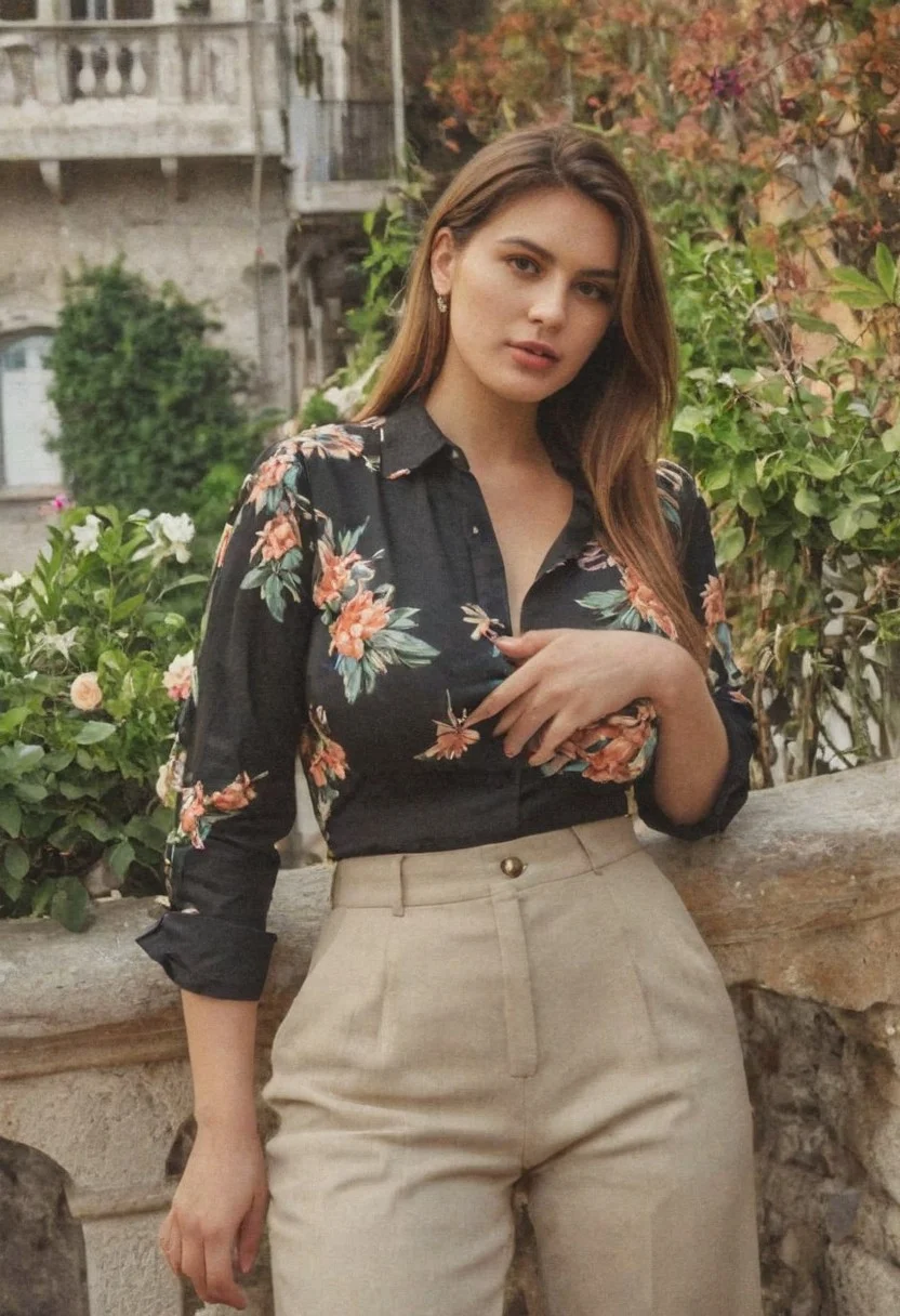 A seductive (busty:2.2) European woman in her early 20s in a very risque ((unbuttoned blouse)), sits on a balcony at Amalfi coast, surrounded by flowers. amateur photo, cinematic photo, intricate details, ambient lighting, natural lighting, low saturation, low contrast, sharpened face, hard focus, analog aesthetic, retro, vintage, scanlines, video noise, film grain, vignette effect, color bleeding, chromatic aberration, low resolution, retro color palette, faded colors, low quality