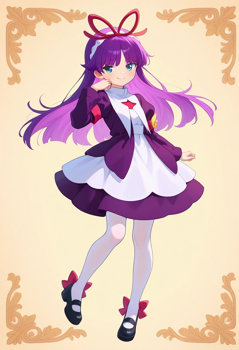 <lora:PFeli_SDXL_Illustrious01_fp16_ver01:1>,PFeli, 1girl, long hair,purple hair, pantyhose, dress,red ribbon, blue eyes, black footwear,long sleeves, red bow,hairband,smile,newest, masterpiece, best quality, very aesthetic, absurdres,<lora:detailed_hands:1>,hand