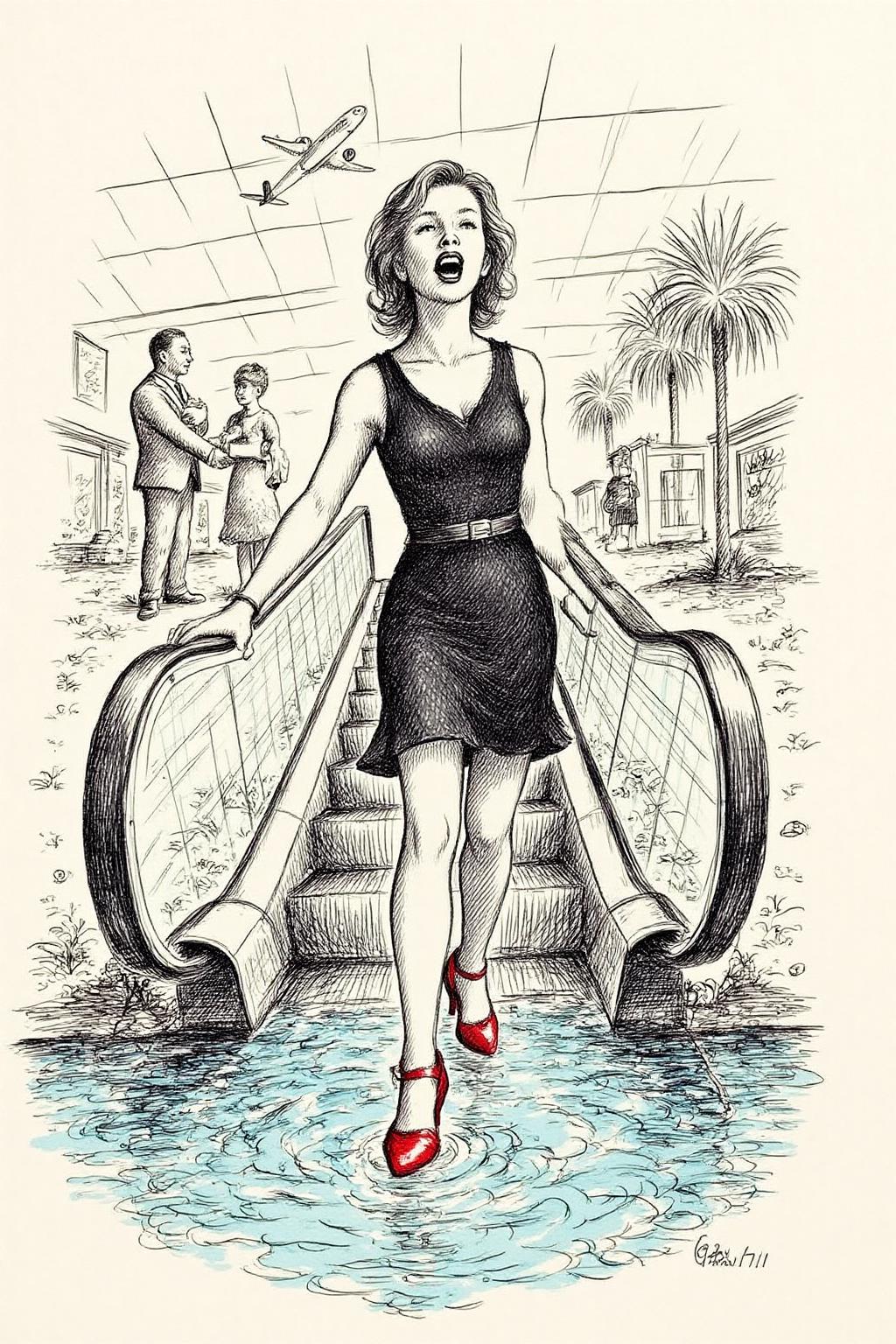 gawi1 illustration.
a woman in a chic little black dress and vibrant red high heels, gracefully descending an escalator. She wears black lipstick and is screaming. Her attire exudes elegance and sophistication, with the red heels providing a bold pop of color against the classic black dress. The escalator itself, typically found in a mall or airport, leads downwards into an unexpected and dreamlike destinationâ -- pool of rippling water. The water is blue and ripples as the escalator's steps disappear beneath the surface. The woman's posture is poised and confident, as she seems unperturbed by the unusual surroundings. The overall atmosphere is a blend of high fashion and surreal fantasy, capturing a moment that is both elegant and otherworldly,  <lora:gawi1_cap_d6a3e12:1.0><lora:827364830689340106:0>