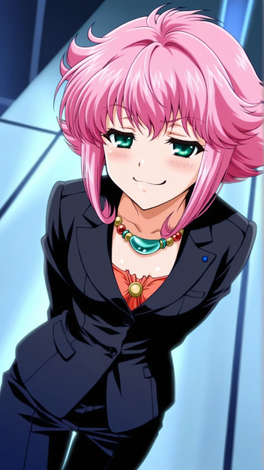 source_anime, genral, best quality, masterpiece, 1girl, <lora:Mer_Bitter_ill_v1.0:1> mer_bitter\(srw\),green eyes, pink hair,flipped hair,short hair, necklace, jewelry, business suit, smug, (embarrassed:0.8), dynamic pose, dutch angle, cowboy shot,