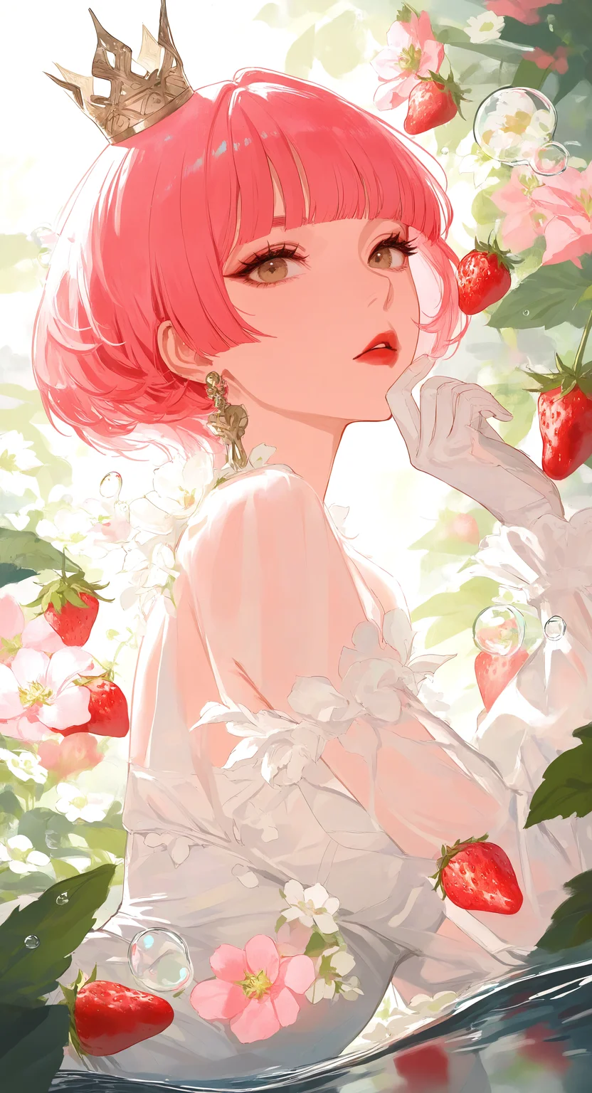 masterpiece, best quality, Good quality, very aesthetic, absurdres, newest, 1girl, solo, looking_at_viewer, short hair,ewelry, brown eyes, upper body, pink hair, flower, earrings, red hair, parted lips, food, detached sleeves, white gloves, blunt bangs, white dress, water, eyelashes, fruit, expressionless, leaf, white flower, plant, crown, pink flower, white sleeves, bubble, water drop, strawberry, red lips, mini crown, see-through sleeves, dynamic angle, <lora:ponyv4_noob1_2_adamW-000017:0.7> <lora:USNR_STYLE_XL_lokr:0.5> <lora:MeMaXL4:0.4>