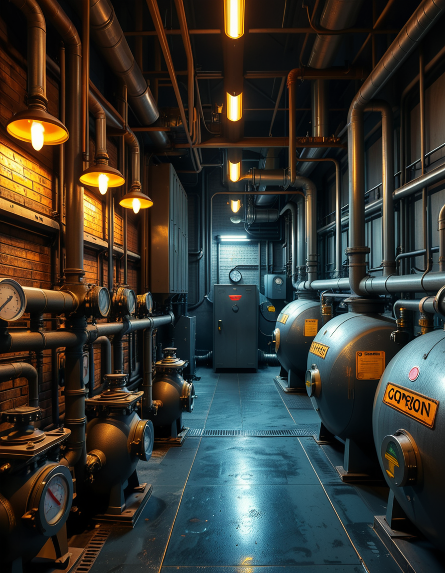 A highly detailed and realistic photograph of an industrial boiler room filled with large metal boilers, complex pipe systems, and pressure gauges. The room is dimly lit with a mix of warm yellow lighting from overhead industrial lamps and cool blue reflections from metallic surfaces. The air is slightly hazy with steam escaping from some of the pipes. The floor is made of reinforced concrete with visible stains from oil and water. Various control panels with blinking LED indicators and warning signs are mounted on the walls. The atmosphere is rugged and mechanical, evoking a sense of power and industrial efficiency. The depth of field is sharp, capturing intricate details such as rust on old pipes, the texture of the metal surfaces, and the labels on the control panels. The composition emphasizes symmetry, with pipes and machinery creating a structured, almost futuristic aesthetic. 
<lora:SDXLFaeTastic2400:0.4> <lora:extremely_detailed:0.4> extremely detailed,<lora:industrial_boiler_room:1>,industrial b01l3r r00m, Masterpiece,best quality,hi res,8k,hi res,8k,award winning,(sharp focus, intricate, highly detailed),