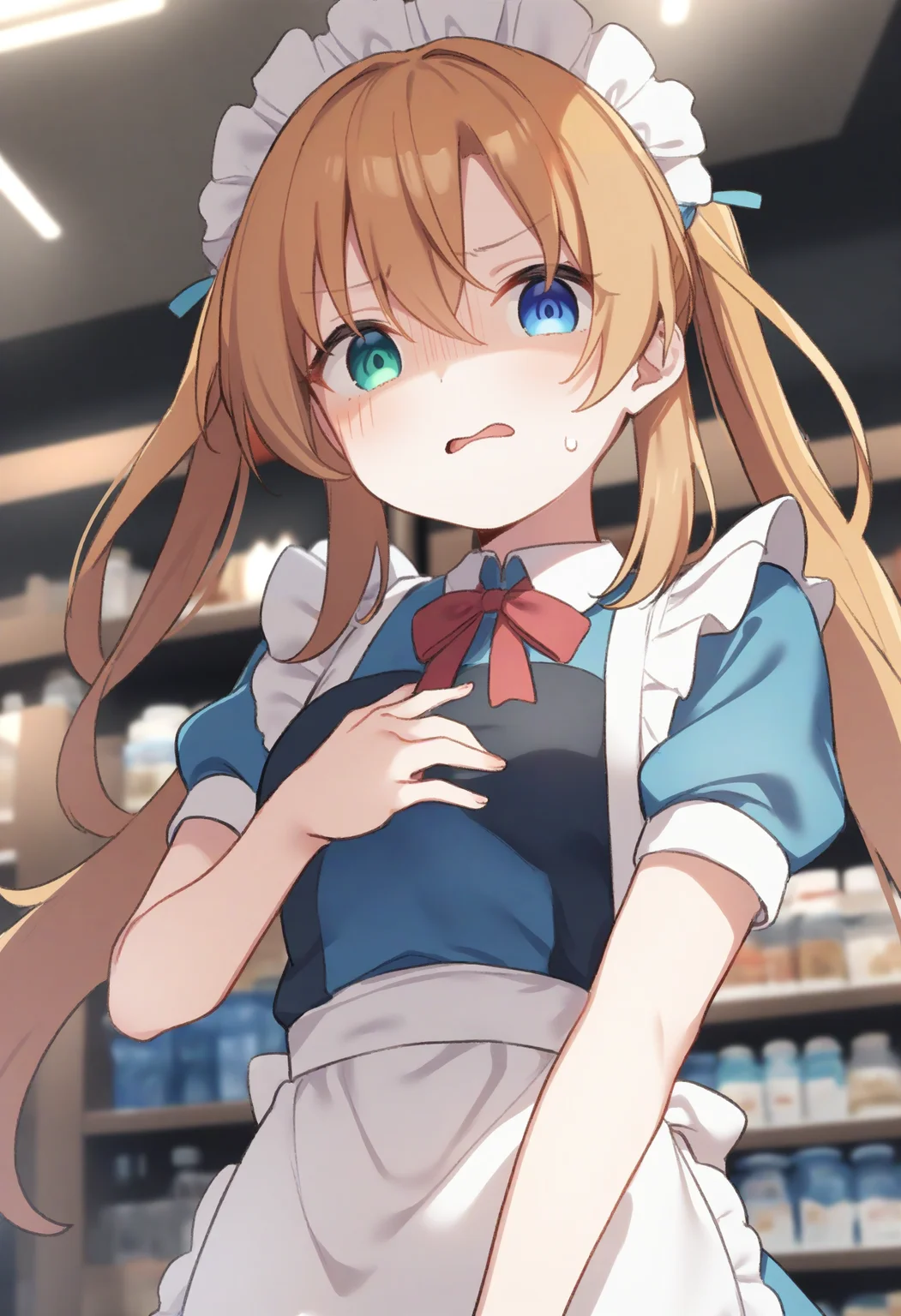 1girl,sincos, ningen mame, toosaka asagi,solo,medium breasts,20yo,maid,maid headdress,
donbiki,<lora:donbiki_XL_v1:0.7>
open mouth, sweatdrop, looking at viewer, shaded face, hand on own chest, turn pale, jitome, disgust, gloom (expression), d:, frown, empty eyes, no pupils,
from behind, cinematic angle, orange hair, heterochromia, shopping center, split ponytail hair,,
best quality, very aesthetic, absurdres