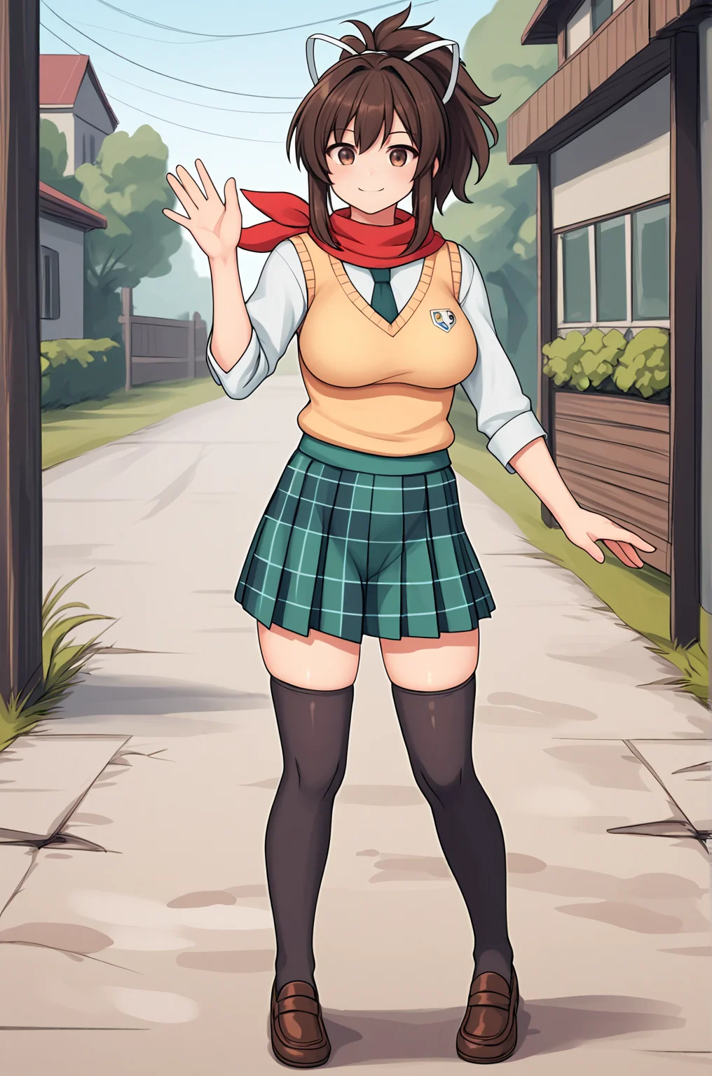 anime artwork score_9, score_8_up, score_7_up, score_6_up, score_5_up, score_4_up, source_anime, BREAK, thick outline, fat outline,
Asuka_XL, brown eyes, brown hair, ponytail, white ribbon, red scarf, large breasts, BREAK, asuka_shinobi_outfit, sweater vest, black thighhighs, necktie, plaid skirt, loafers, BREAK, waving, countryside,
<lora:Asuka_XL:0.7>
<lora:PersonalAmi_PonyXL:1.0>