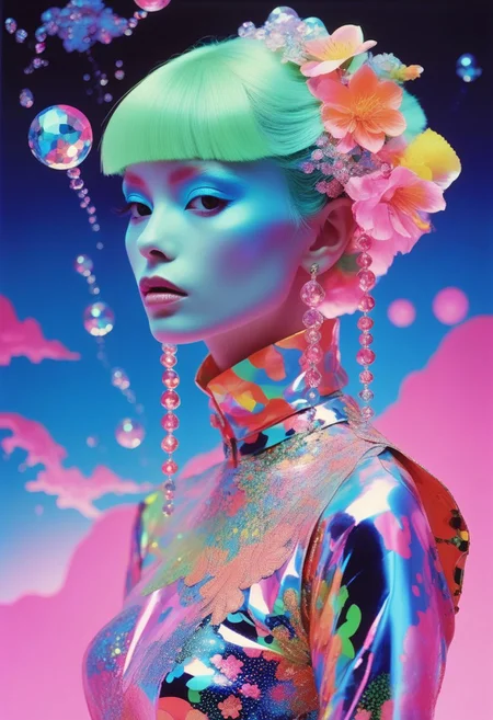 bioluminescent Jem the Hologram, surreal psychedelic avant-garde art by Yoh Nagao and Erik Madigan Heck and Alan Aldridge, 1980's new wave totally radical fashion.