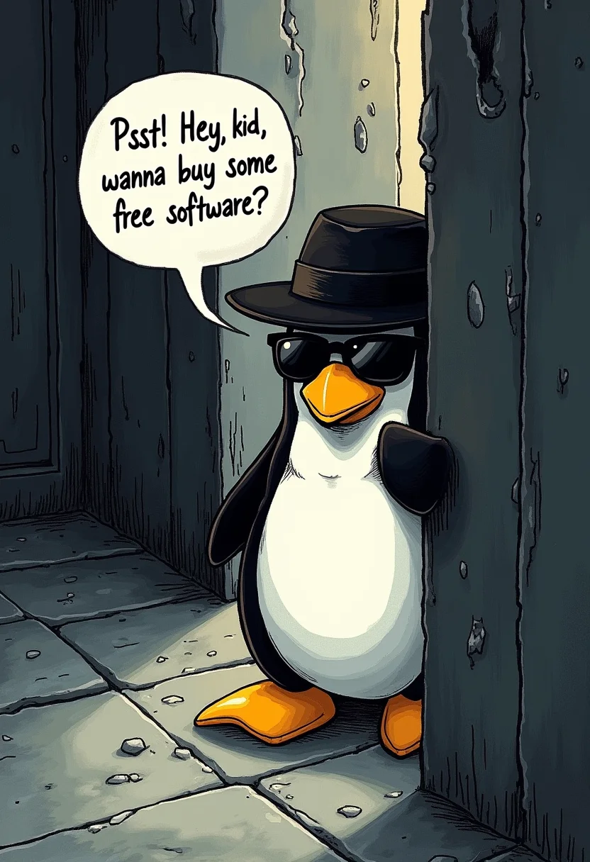 Drawing of Tux, the linux mascot penguin peeking from around the corner of the building, wearing black spy hat and sunglasses in a shady alley. He is saying "Psst! Hey, kid, wanna buy some free software?" in a speech bubble.