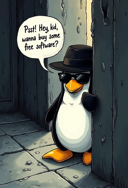 Drawing of Tux, the linux mascot penguin peeking from around the corner of the building, wearing black spy hat and sunglasses in a shady alley. He is saying "Psst! Hey, kid, wanna buy some free software?" in a speech bubble.