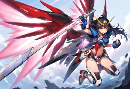 (score_9:0.9),score_8_up,score_7_up,rating_safe,anime_style,(zPDXL),<lora:Destiny Gundam ponyXL v1:0.72>,destiny gundam,1girl,energy sword,weapon,solo,green eyes,mecha girl,long hair,black hair,holding sword,holding weapon,holding,open mouth,navel,mechanical wings,gloves,energy wings,