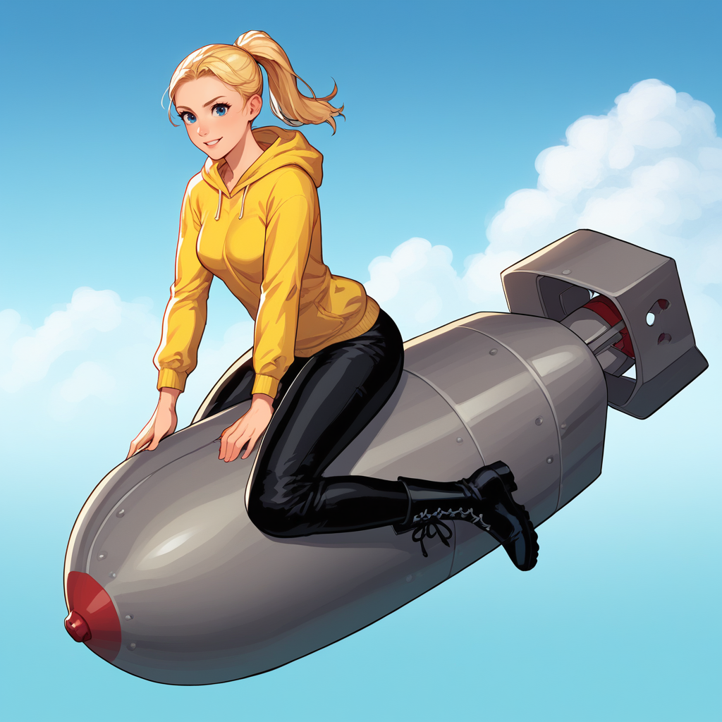 score_9_up, score_8_up, BREAK, GirlRindingBomb, riding bomb, 1girl, solo, blonde hair, ponytail, blue eyes, yellow hoodie, black pants, black boots, <lora:GirlRindingBomb_PXL_Leaf1:1>, blue sky