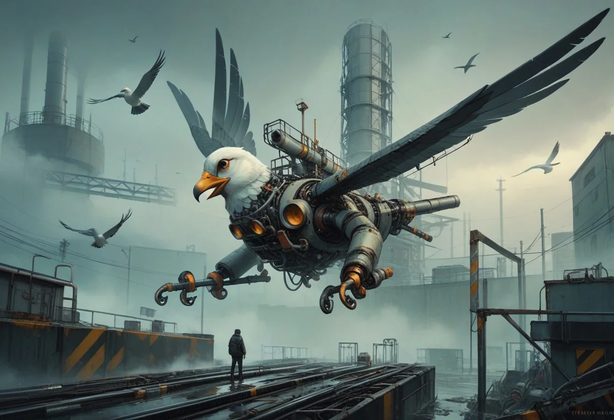 Score_9,Score_8, industrial_world, fog, a flock of birds made of machinery in the sky
