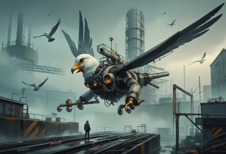 Score_9,Score_8, industrial_world, fog, a flock of birds made of machinery in the sky