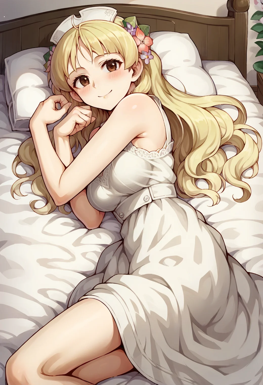 score_9, score_7_up, hd, (ultra hd quality details), source_anime, indoors,
solo, 1girl, aaayesha, blonde hair, long hair, brown eyes, hair flower, medium breasts,
ayeshadef, white dress, bare shoulders, sleeveless,
looking at viewer, blush, smile,
on bed, on side,
<lora:_ayesha_altugle-elesico-pony-000011:1>