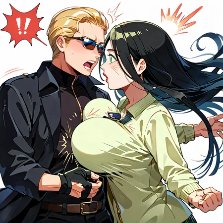 score_9, score_8_up, score_7_up, score_6_up, source_anime, rating_safe, <lora:_sdxl-chichibinta-pony:0.45> (((chichibinta, body turn and tits swinging, slap someone with swinging boobs, tits slap, couple, hetero, duo, from side, head on breasts, head between breasts, motion lines, open mouth, surprised, face to breasts, breast smother, bumping on breasts, run into someone breasts))),
BREAK (<lora:albertwesker-guy-PONYv1:1> albertwesker, albert wesker, 1boy, blonde, black gloves, sunglasses, belt, pants, long coat, trench coat, black coat, black pants, toned, athletic, fit, slicked back hair, black turtleneck, zipper, mature male, looking at another, ((head on another breasts, being slapped by another breasts, head between another breasts, open mouth, surprised, breast smother, run into someone breasts))),
BREAK (1girl, (curly hair), long hair, (black hair), mature female, (parted hair:1.7), (round face), (no_bangs:1.3), (no_fringe:1.6), looking at viewer, (thick eyebrows:0.9), (plump, curvy), round-chin, breasts, caucasian, down-turned eyes, (forehead:0.65), <lora:ETO_OCPonyXL:0.5> eto_oc, skindentation, naughty smile, thick thighs, wide hips, petite, busty, voluptuous, :o, surprised, looking at another, ((breasts on another head, slapping with her breasts))),
