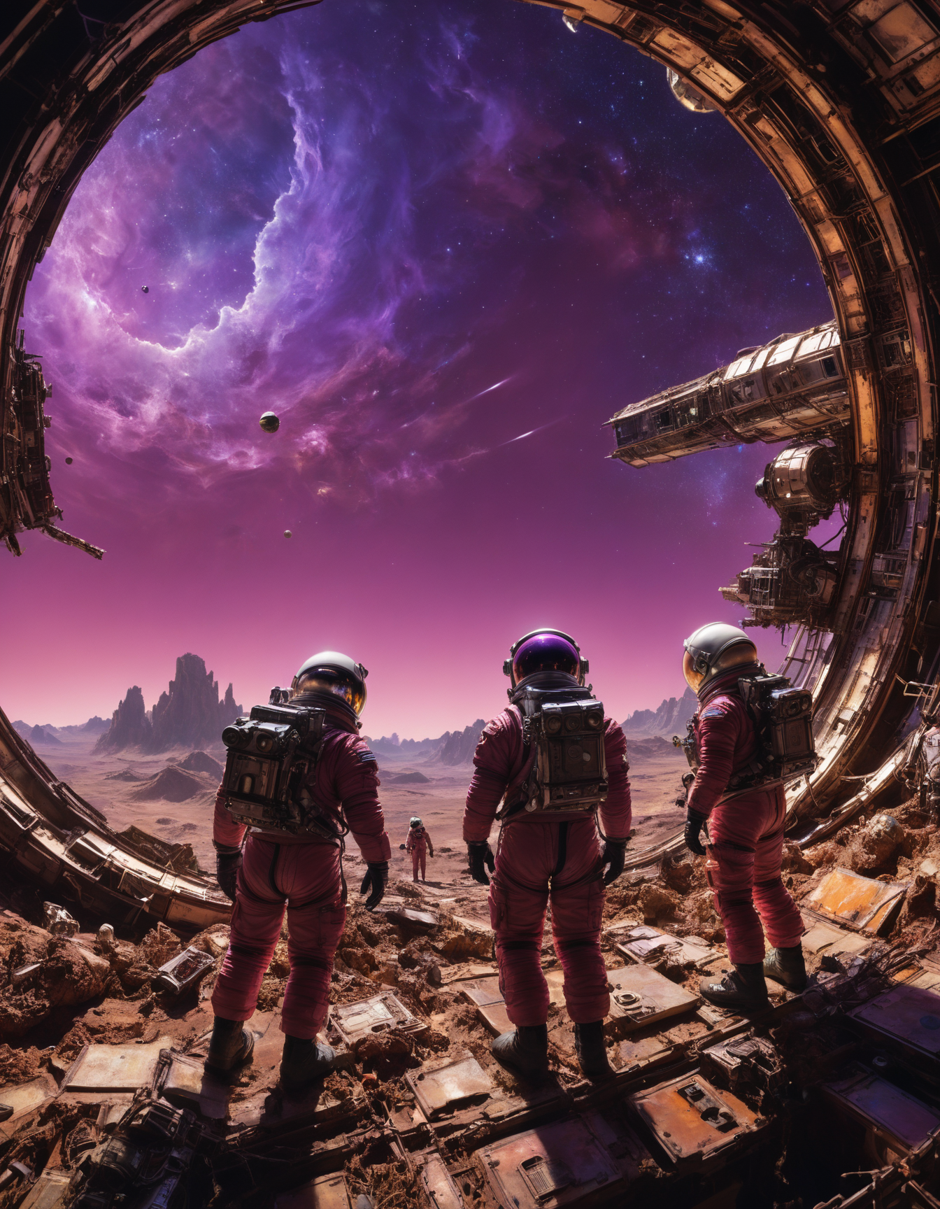 by Vivian Westwood and Antonio J. Manzanedo, hyper realistic medium full shot photo of  a (team of astronauts exploring a mysterious, abandoned space station on a distant alien planet with a purple sky:1.1),  (spiritual , photogenic , masterful:1.4), poster art, bold lines, hyper detailed, award winning,  dark limited color palette, high contrast, depth of field, (intricate details, masterpiece, best quality:1.4)
candlelight lighting,  looking at viewer, dynamic pose, wide angle panoramic view,
<lora:add-detail-xl:0.5> <lora:xl_more_art-full_v1:0.5> <lora:looking_at_viewer:2>