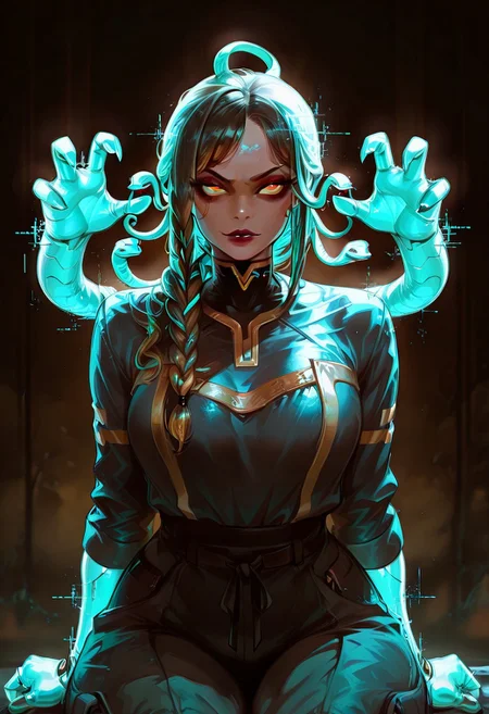Rating_sfw, mature woman,dynamic hands hacking pose, extra holographic hands, holographic hacking screens, cyberwear, cyberpunk, humanoid , cybernetic enhancement, serpent themed , oversized clothes, cargo pants, dark clear skin, Egyptian themed lap, ((cute face)), innocent face, pretty face, eyes, detailed eyes, long eyelashes, eyeliner, gorgon,glitching hair, ,(( single braid )) (ar-glitch holographic Snake hair, snake, snake_hair,)) , , eyes, glowing snake, charismatic, curvy, aesthetic, ((perfectly robotic hair, snake hair)), thick lips, full lips, skinny, (slim build), small waist, big breasts,, beautiful detailed face, small face, beautifully complex colored iris, ), enchanting, looking at the viewer,
