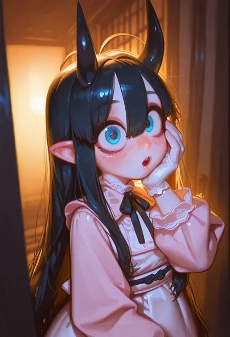artist:moriimee, detailed, sharp focus, (Looking sideways), hand near face, ultra-detailed-eyes,glossy lips,beautiful eyes,long eyelashes,big eyes,detailed eyes,perfect eyes,detailed iris,sharp jawline,detailed background, masterpiece,amazing quality,best quality,good quality,newest,highres,absurdres,volumetric lighting,gradient color,raytracing,ambient occlusion,very awa,very aesthetic,absurdres, (scenery, volumetric lighting), 1girl, :O, solo, stylized girl, exaggerated facial proportions, large round face, pale skin with pink blemish, cute oni girl, small sharp horns, (big expressive eyes:1.3), (soft pink blush:1.2), thick white eyelashes, white eyeshadow, big eyes, blue eyes, bags under eyes, sharp jawline, long slick black hair, hair behind the ear, lush hair, hair between eyes, very long hair, two long locks hanging on the sides, long bangs, himecut, antenna hair, ahoge, long white dress, long sleeves, frills, highneck, white lace gloves, lolitafashion, gothiclolita, (small black horns:1.3), (long horizontal pointed ears:1.2), ((freckles)), fantasy-inspired outfit, (Japanese-style old exterior:1.4), night, warm lighting, cute pose, playful expression, charming, soft shading, ultra-detailed fabric folds, elegant color balance, soft glowing ambient light, smooth plastic-like skin texture, semi-realistic, high detail, <lora:bikabaka:0.9> <lora:Illustrious_USA3710_Style_LORA_2:0.25> us4styl3, <lora:tomaco_ill:1>