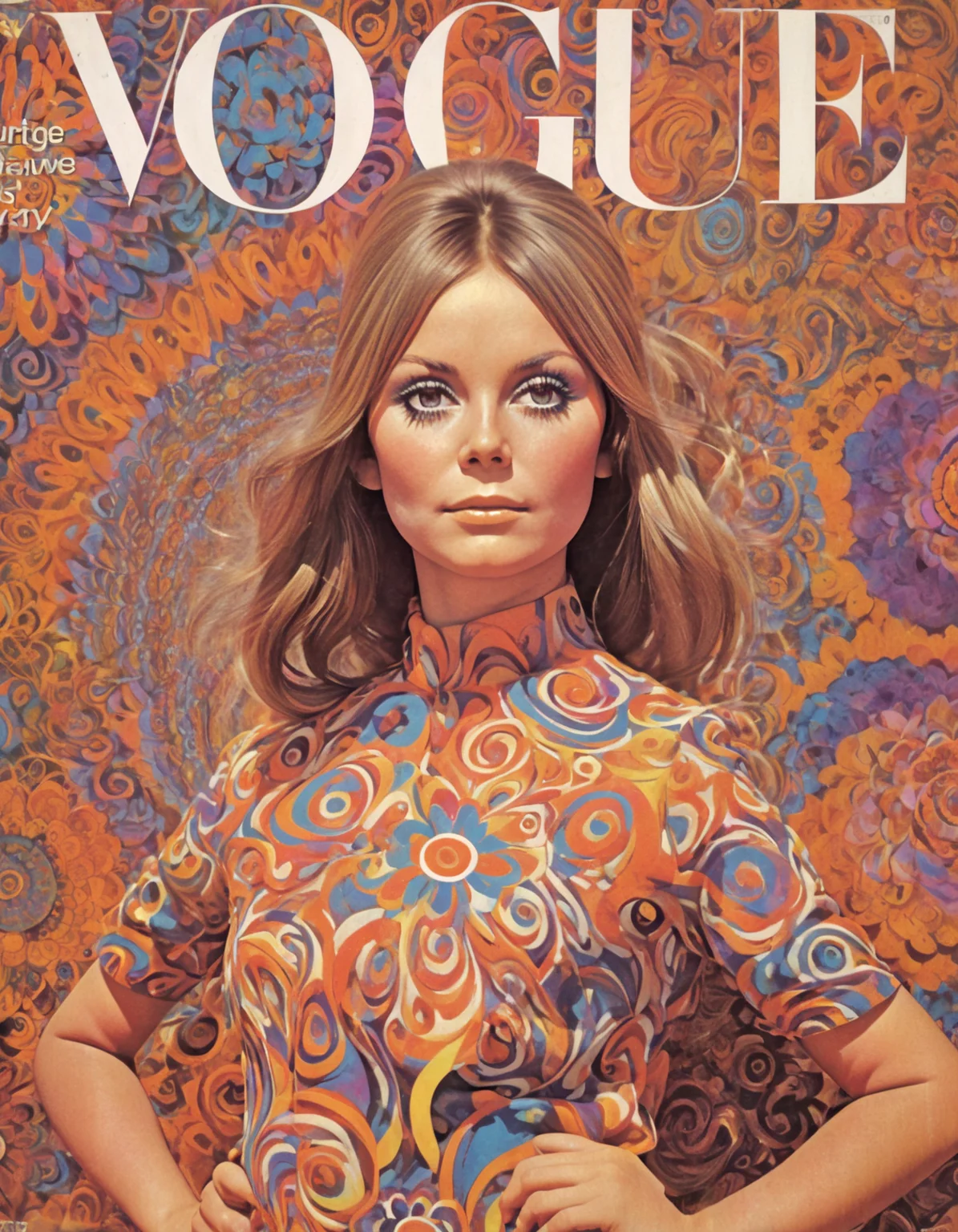 She mod mini dress, psychedelic swirls, vibrant hues, bold patterns, flower power fashion, swinging sixties, Retro Vogue Cover, kaleidoscopic dreams.,highly intricate,(VOGUE Cover Magazine:1.15),1968, 60s, black letters, hyper detailed, photorealistic,,