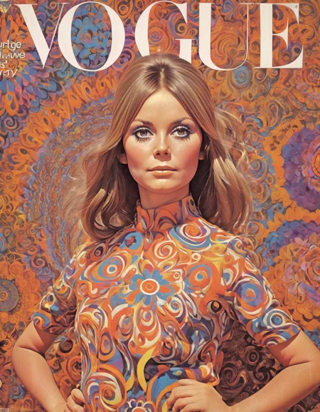 She mod mini dress, psychedelic swirls, vibrant hues, bold patterns, flower power fashion, swinging sixties, Retro Vogue Cover, kaleidoscopic dreams.,highly intricate,(VOGUE Cover Magazine:1.15),1968, 60s, black letters, hyper detailed, photorealistic,,