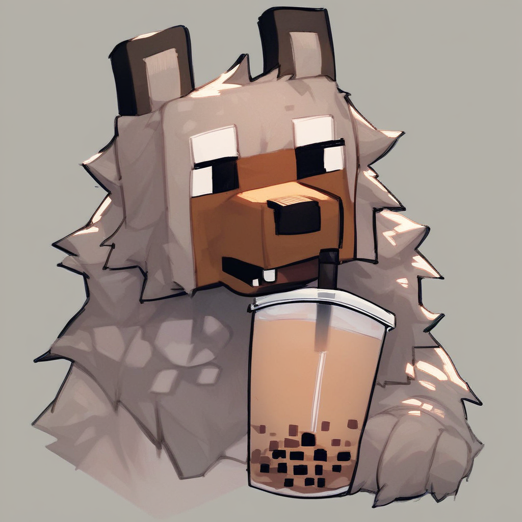 score_9_up, score_8_up, score_7_up, source_furry, wolf, minecraft wolf, pixel style, gray fur, black eyes, square dog, bubble tea